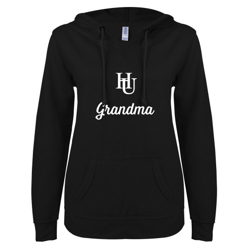  ENZA Womens Black V Notch Raw Edge Fleece Hoodie - Grandma