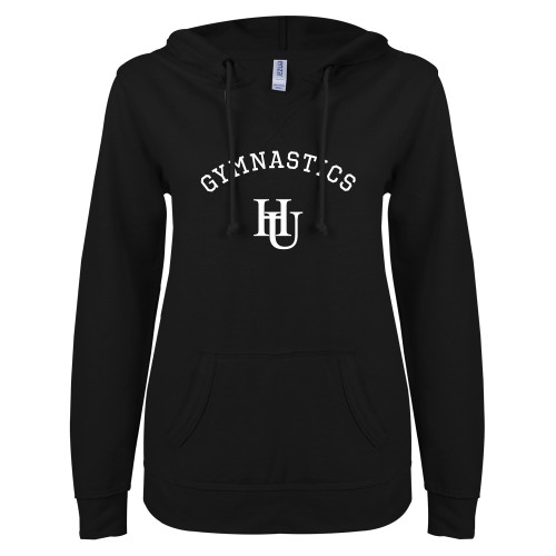  Univ ENZA Womens Black V Notch Raw Edge Fleece Hoodie - Gymnastics