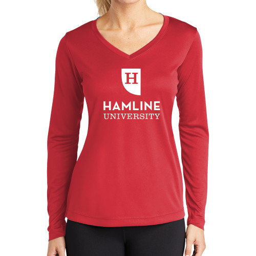  Womens Red Performance Long Sleeve V Neck Shirt - Primary