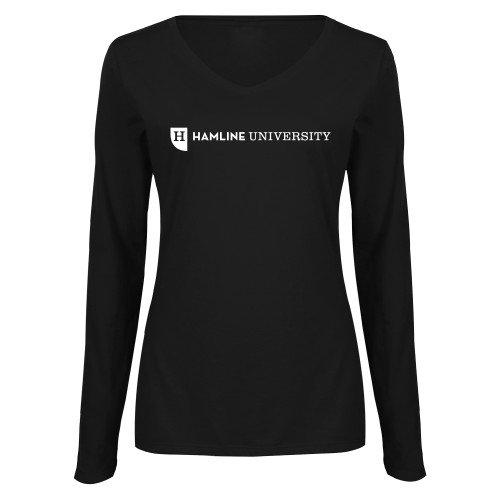  Womens Black Long Sleeve V Neck Tee  - Hamline Wordmark