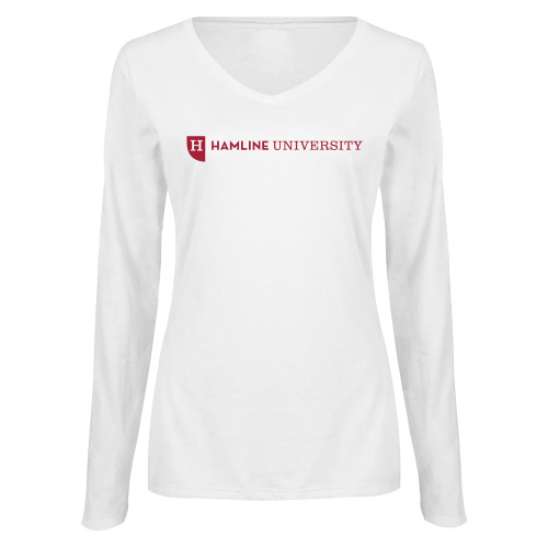  Womens White Long Sleeve V Neck Tee - Hamline Wordmark