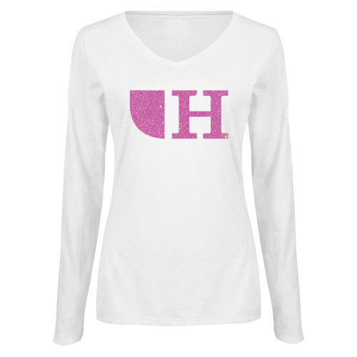  Womens White Long Sleeve V Neck Tee - D Neon Pink Glitter