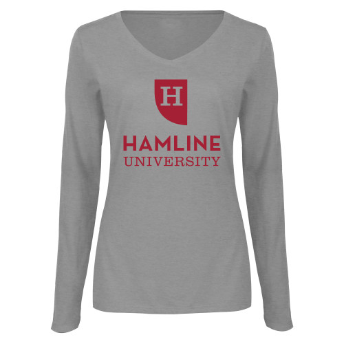  Womens Grey Long Sleeve V Neck Tee  - Primary