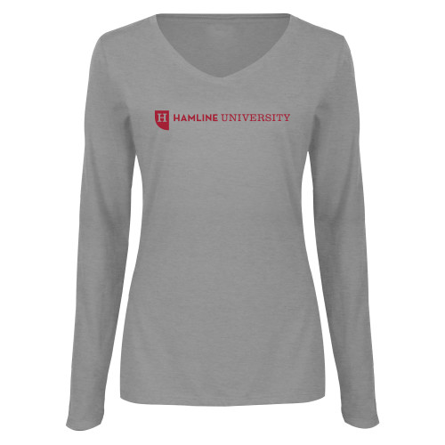  Womens Grey Long Sleeve V Neck Tee  - Hamline Wordmark