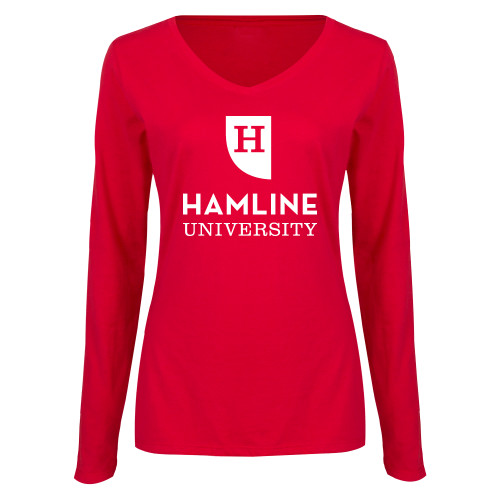 Womens Red Long Sleeve V Neck Tee - Primary