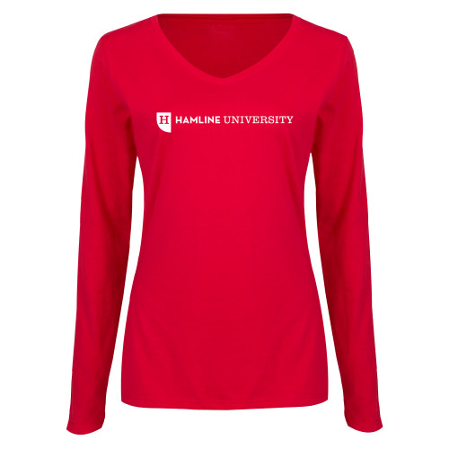  Womens Red Long Sleeve V Neck Tee - Hamline Wordmark