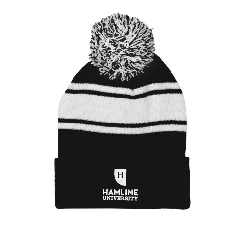  Black/White Two Tone Knit Pom Beanie w/Cuff - Primary