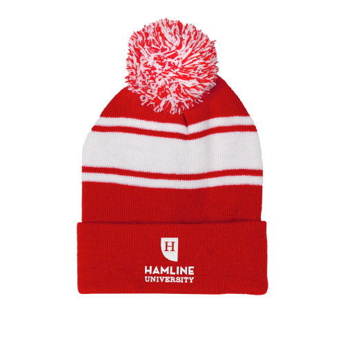  Red/White Two Tone Knit Pom Beanie w/Cuff - Primary