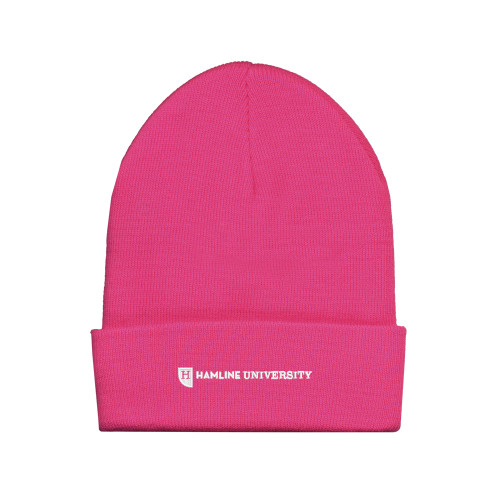  Fleece Lined Neon Pink Knit Beanie - Hamline Wordmark