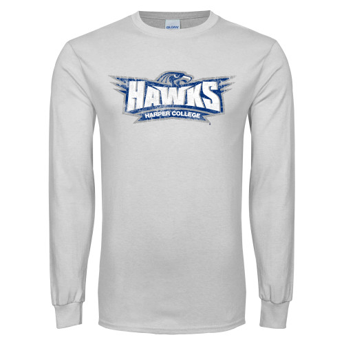  White Long Sleeve T Shirt - Primary Mark Distressed