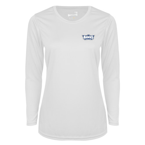  Womens White Performance Long Sleeve V Neck Shirt - Primary Athletics Mark