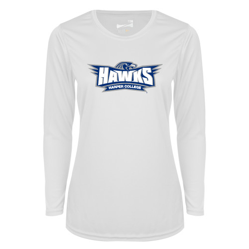  Womens White Performance Long Sleeve V Neck Shirt - Primary Athletics Mark