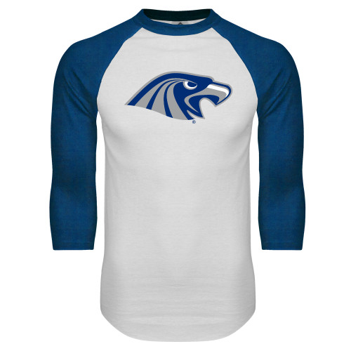  White/Royal Raglan Baseball T Shirt - Hawk Head