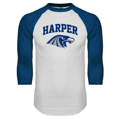  White/Royal Raglan Baseball T Shirt - Arched Harper Hawk Head