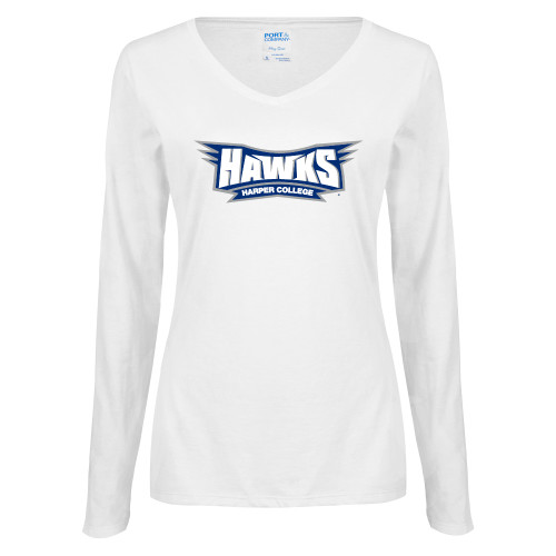  Womens White Long Sleeve V Neck Tee - Hawks