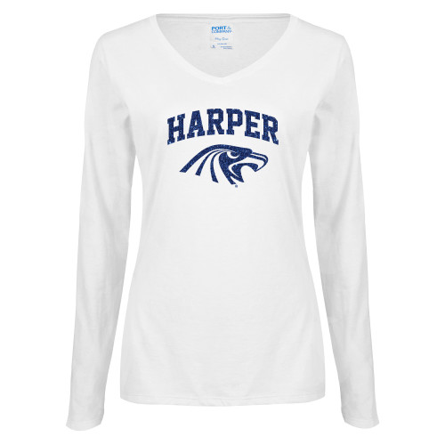  Womens White Long Sleeve V Neck Tee - H Dark Blue Glitter