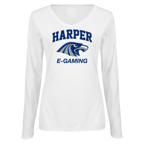 Womens White Long Sleeve V Neck Tee - Gaming