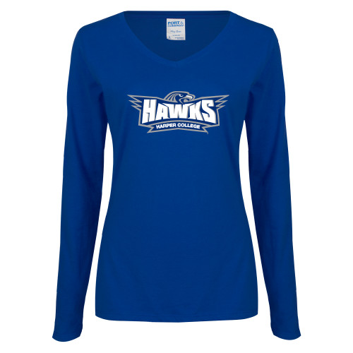  Womens Royal Long Sleeve V Neck Tee  - Primary Athletics Mark