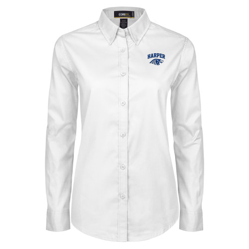  Womens White Twill Button Down Long Sleeve - Arched Harper Hawk Head
