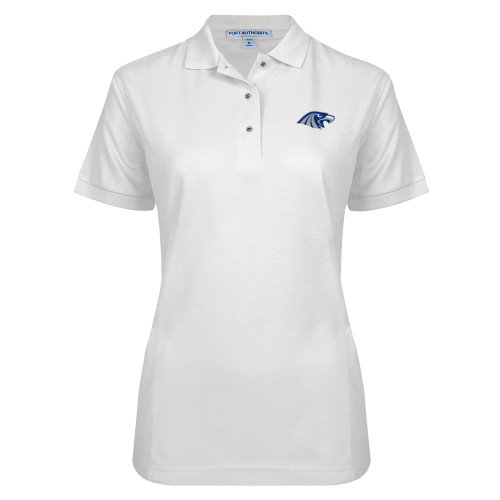  Womens Silk Touch White Pique Polo - Hawk Head