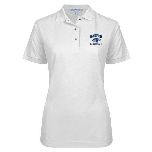  Womens Silk Touch White Pique Polo - Basketball
