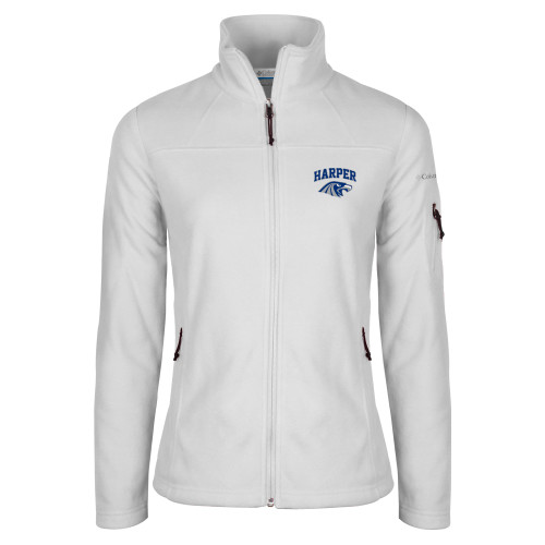  Columbia Womens Full Zip White Fleece Jacket - Arched Harper Hawk Head