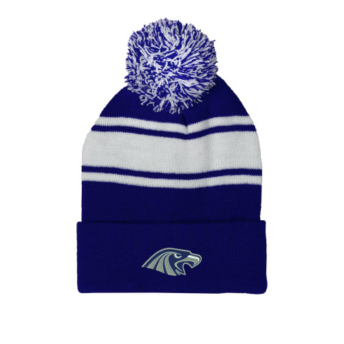  Royal/White Two Tone Knit Pom Beanie w/Cuff - Hawk Head