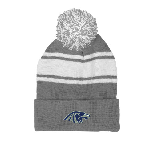  Grey/White Two Tone Knit Pom Beanie w/Cuff - Hawk Head
