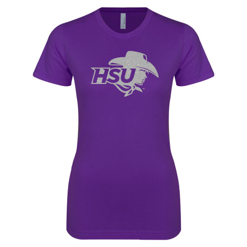  Next Level Womens Purple Boyfriend Tee - HSU Cowgirl White Soft Glitter
