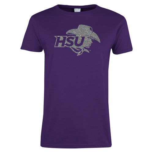  Womens Purple Short Sleeve Tee - HSU Cowgirl Silver Soft Glitter