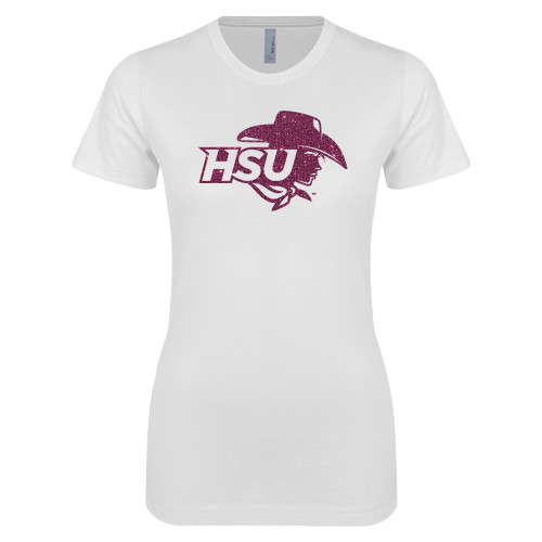  Next Level Womens White Boyfriend Tee - HSU Cowgirl Pink Glitter