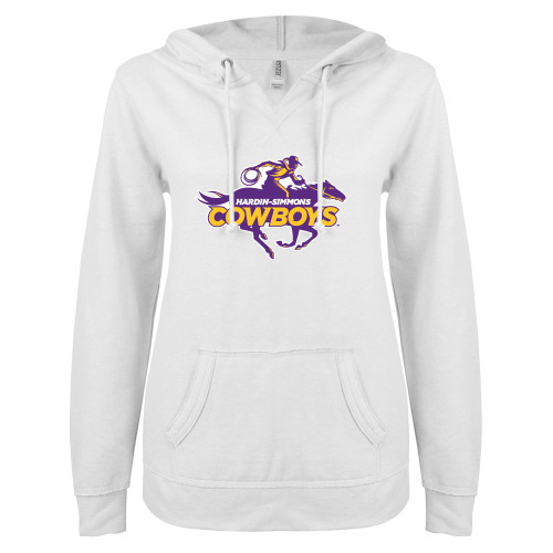  ENZA Womens White V Notch Raw Edge Fleece Hoodie - Primary Logo
