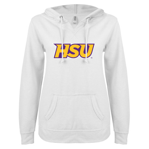  ENZA Womens White V Notch Raw Edge Fleece Hoodie - HSU