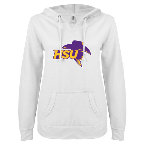  ENZA Womens White V Notch Raw Edge Fleece Hoodie - HSU Cowboy
