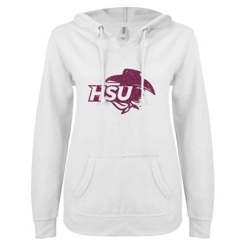  ENZA Womens White V Notch Raw Edge Fleece Hoodie - HSU Cowgirl Pink Glitter