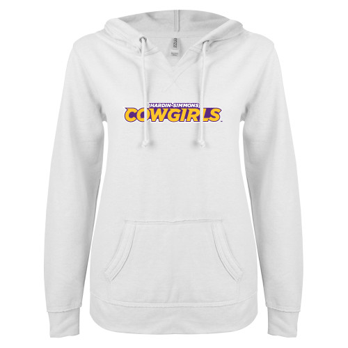  ENZA Womens White V Notch Raw Edge Fleece Hoodie - Hardin-Simmons Cowgirls