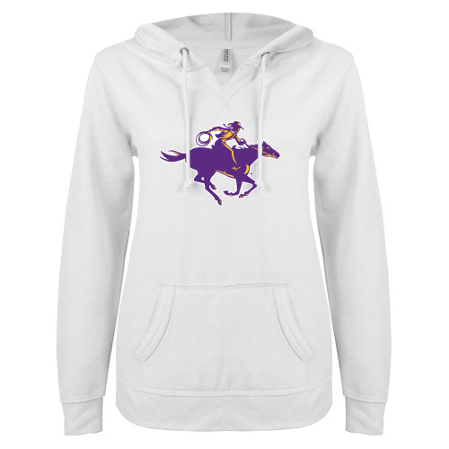  ENZA Womens White V Notch Raw Edge Fleece Hoodie - Cowgirl Riding