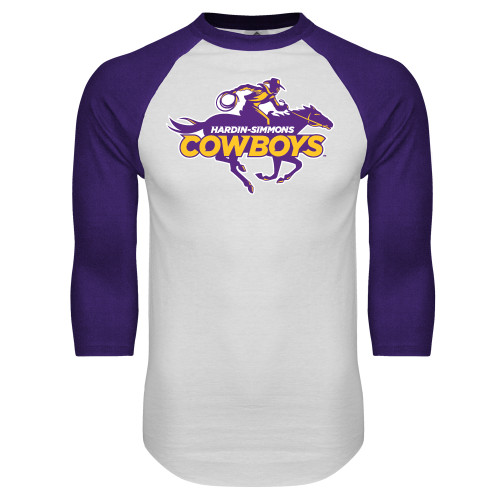  White/Purple Raglan Baseball T Shirt - Primary Logo