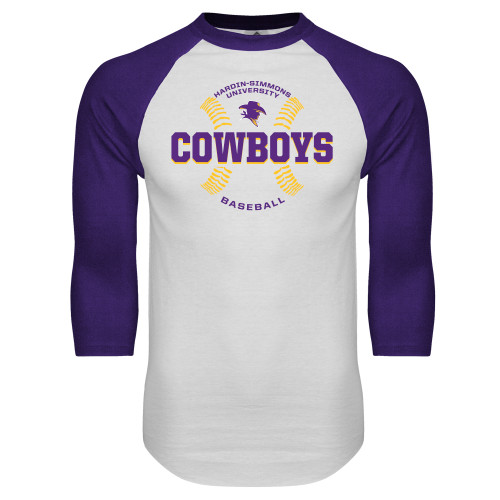  White/Purple Raglan Baseball T Shirt - HSU Cowboys Baseball w/ Seams