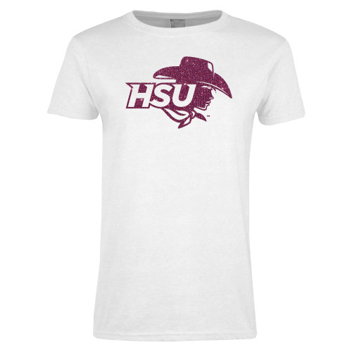  Womens White Short Sleeve Tee - HSU Cowgirl Pink Glitter