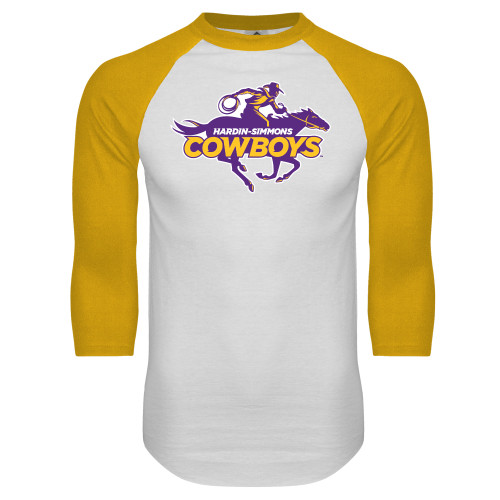  White/Gold Raglan Baseball T Shirt - Primary Logo