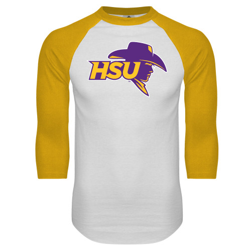  White/Gold Raglan Baseball T Shirt - HSU Cowboy