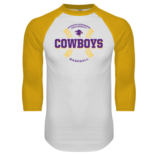  White/Gold Raglan Baseball T Shirt - HSU Cowboys Baseball w/ Seams