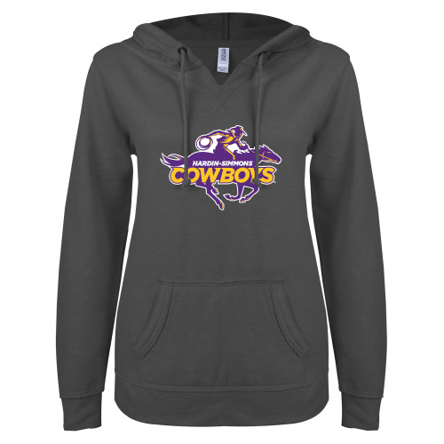  ENZA Womens Dark Heather V Notch Raw Edge Fleece Hoodie - Primary Logo