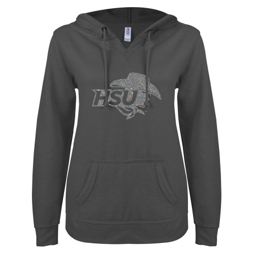  ENZA Womens Dark Heather V Notch Raw Edge Fleece Hoodie - HSU Cowgirl Silver Soft Glitter