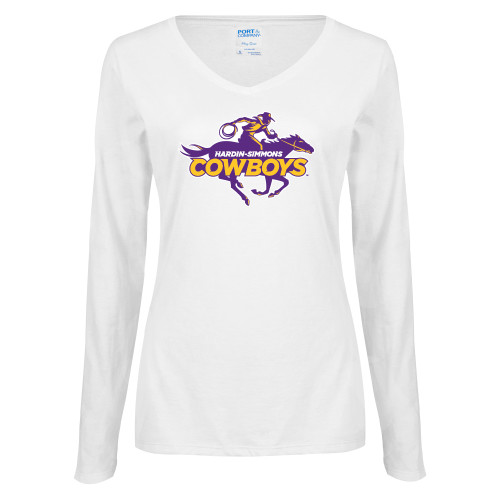  Womens White Long Sleeve V Neck Tee - Primary Logo