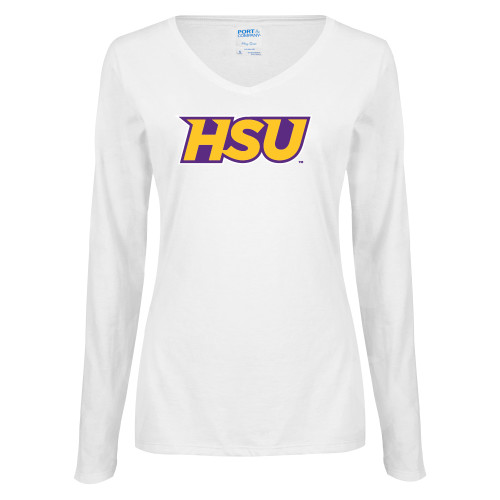 Womens White Long Sleeve V Neck Tee - HSU