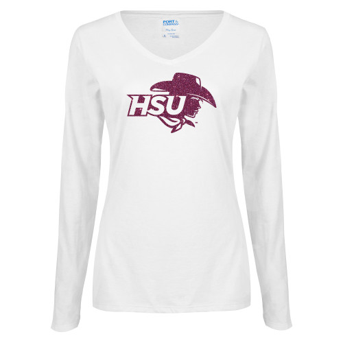  Womens White Long Sleeve V Neck Tee - HSU Cowgirl Pink Glitter