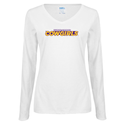  Womens White Long Sleeve V Neck Tee - Hardin-Simmons Cowgirls