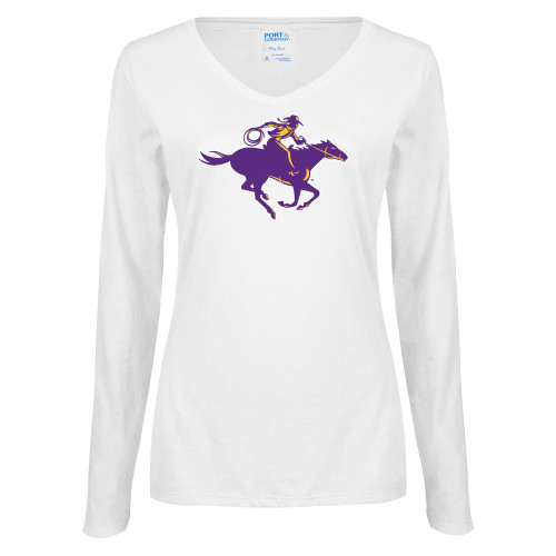  Womens White Long Sleeve V Neck Tee - Cowgirl Riding